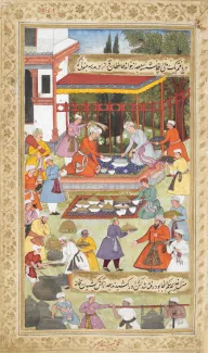 India. Babur Entertained to a Meal at the South College (1506), Folio in a Manuscript of the Baburnama (Memoirs of Babur), ca. 1590–93. Opaque watercolor, ink, and gold on paper. The British Library, London, Or 3714, fol. 257r. 