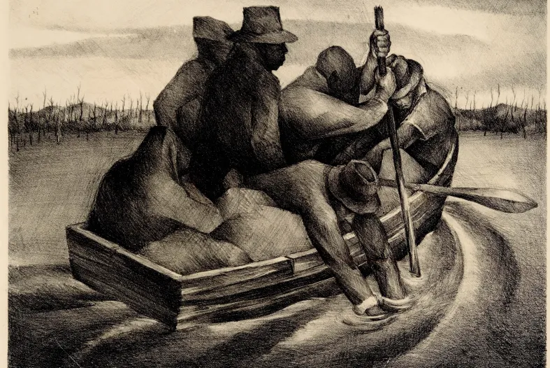 Robert Blackburn (American, 1920–2003). Refugees (aka People in a Boat), 1938. Lithograph; 11 1/8 x 15 ¾ in. Edition 4. Collection of NCCU Art Museum, North Carolina Central University, Gift of Christopher Maxey.