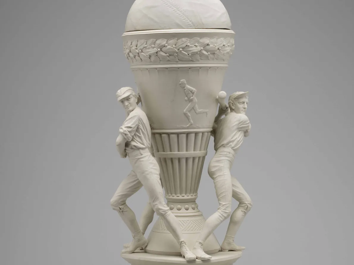 Baseball Vase, 1876, Isaac Broome, American, parian porcelain, Courtesy of Detroit Historical Society.