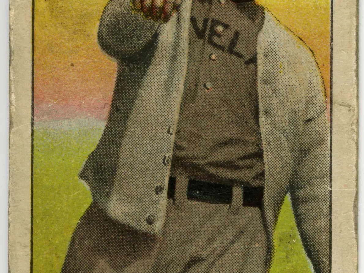 1909-11 T206 Nap Lajoie, Cleveland (Throwing) – Piedmont, 1909-11, published by Piedmont Cigarettes; commercial color lithograph, Courtesy of E. Powell Miller.