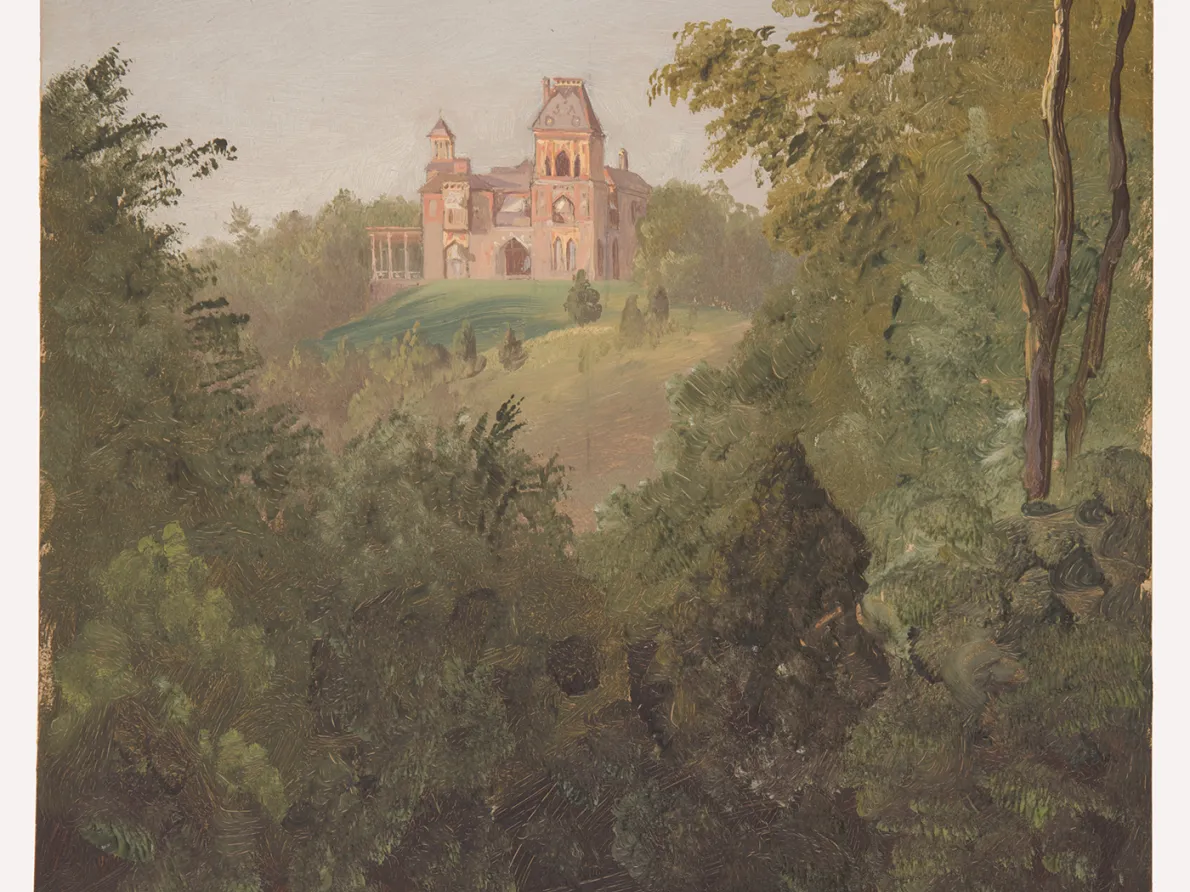 “Olana from the Southwest,” about 1872, Frederic Church, oil on paperboard. Cooper Hewitt, Smithsonian Design Museum, New York. Gift of Louis P. Church, 1917-4-666