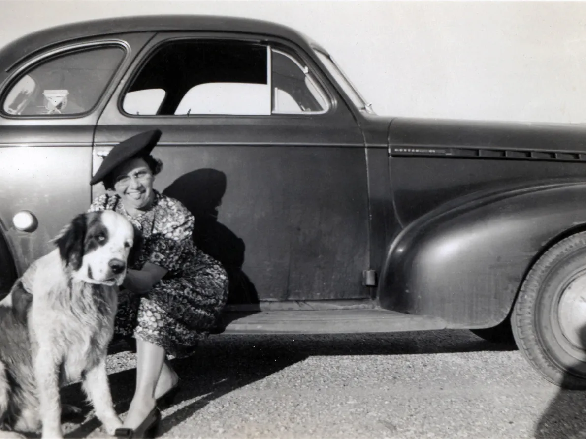 Untitled (Portrait of a Woman with Her Dog Sitting on an Automobile)