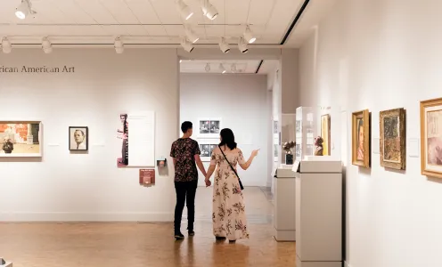 A couple strolling hand-in-hand in the DIA's African American Art galleries