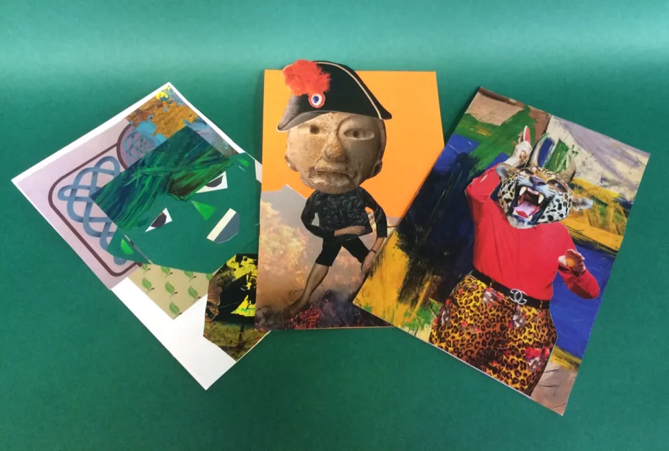 Three collage portrait examples made in the DIA Art-Making Studio