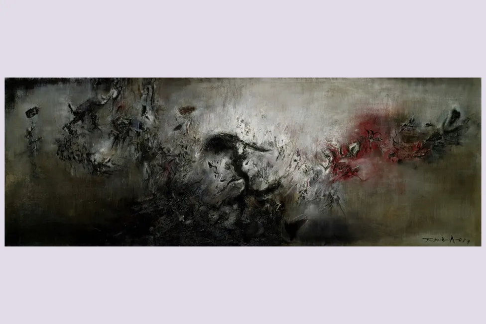 An artwork featuring stormy black and gray clouds with red on the right hand side
