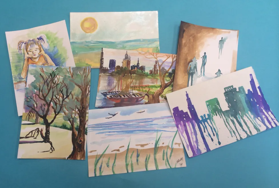 Examples of watercolor postcards made in the Detroit Institute of Arts' Art-Making Studio
