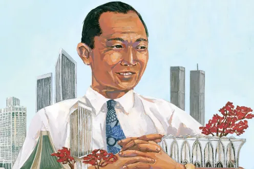 A colored drawing of a man pictured as larger than life among a city of monuments and landmarks
