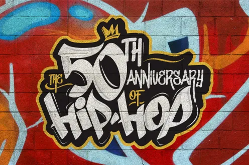 A digital art mural featuring the text "The 50th Anniversary of Hip Hop"
