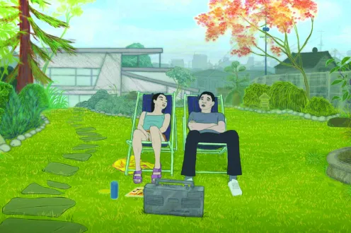 A drawing of two people lounging in outdoor chairs on a lawn