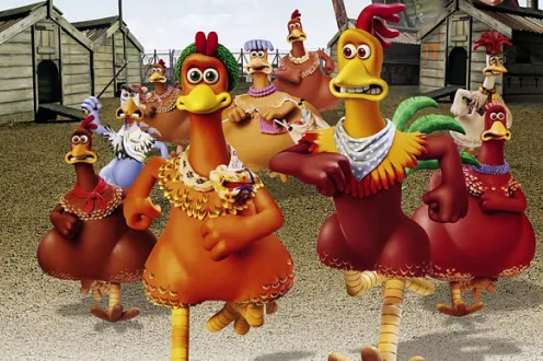 The animated chickens from the film Chicken Run running