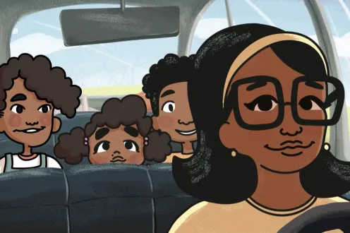 An animated mom driving a car with three children in the back