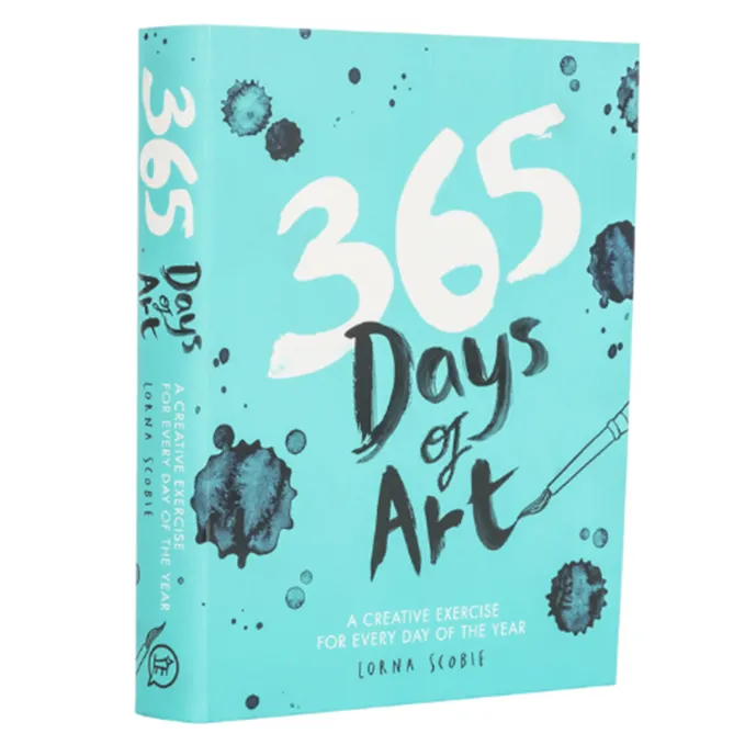 The book 365 Days of Art featuring a teal book cover and black watercolor smudges. 