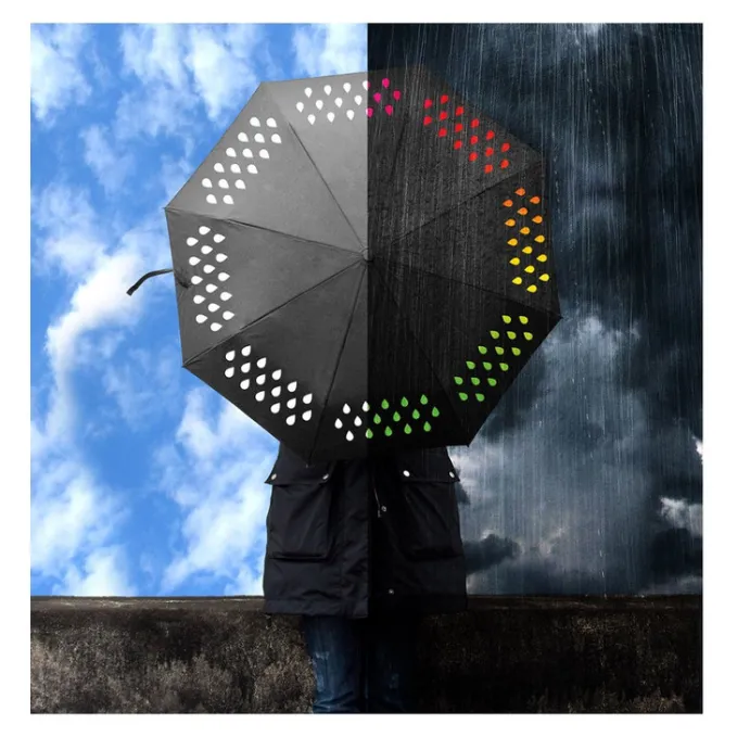 An image showing graphic raindrops on an umbrella changing colors when wet with rain.
