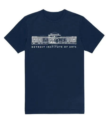 A grayscale blueprint of the Detroit Institute of Arts on a navy blue t-shirt.