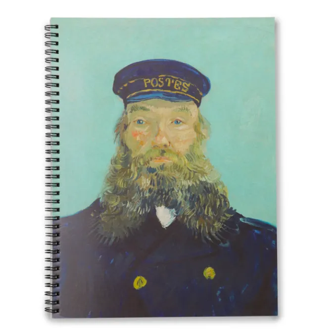 Van Gogh's Portrait of Postman Roulin graces the front cover of a spiraled sketchpad.