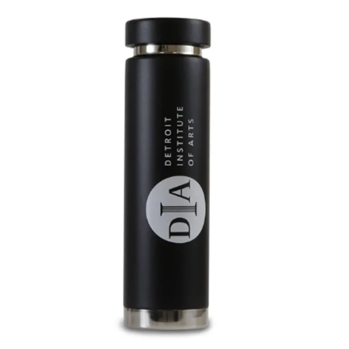 A black steel water bottle with a flat, round top and gray DIA logo