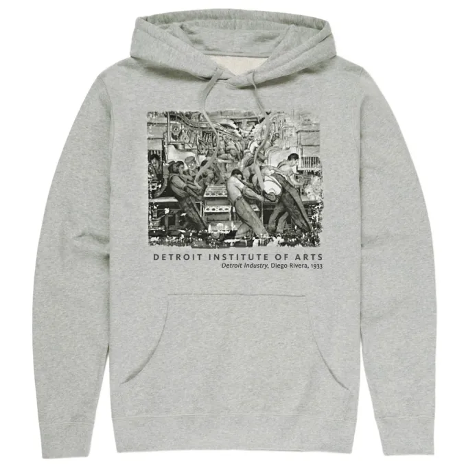 A gray hoodie featuring a segment of the North Wall of Diego Rivera's "Detroit Industry Murals"