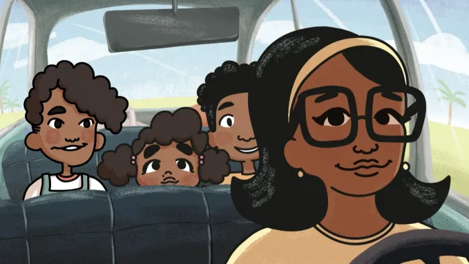 An animated mom driving a car with three children in the back