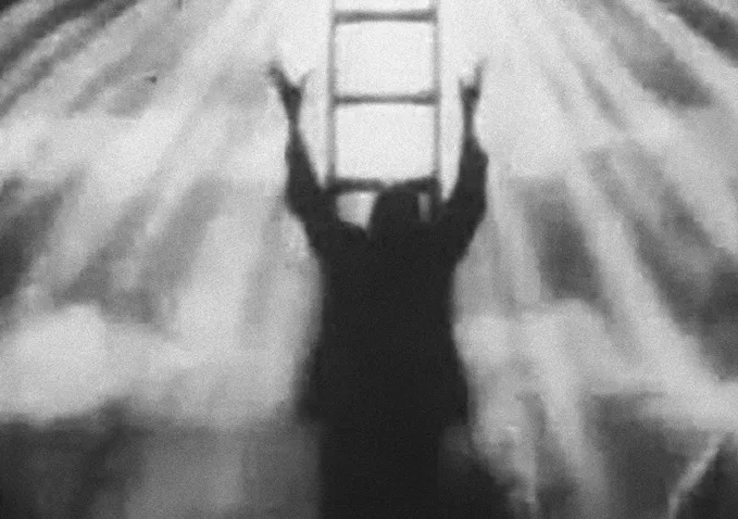 A shadowed figure holds their hands up towards a ladder in the sky